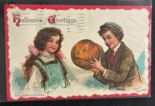 Antique Halloween Postcard ~ Boy Girl   Pumpkin JOL ~ Brundage #121 picture