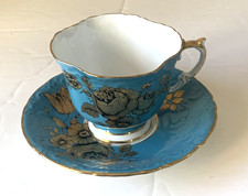 Vintage Aynsley Teal Blue Cabbage Rose Tea Cup & Saucer England Bone China#2830 picture
