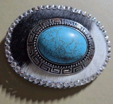 Vintage Western Oval Belt Buckle Hair On Hide Cowhide Turquoise Rhinestone picture