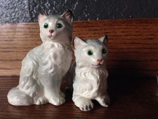 Vintage White persian Cat kitty Salt and Pepper Shakers With green Jewel Eyes picture