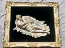 Pair 1950's Framed  Relief Capodimonte Romantic Bisque Porcelain Lovers Plaque picture