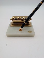 Vintage New Diamond White Onyx Desk Pen Letter Holder & Perpetual Calender picture