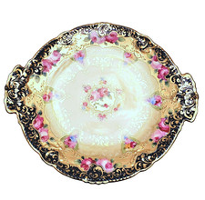 Antique Nippon Maple Leaf Cobalt Blue Gold Moriage Roses Serving Plate 1891-1911 picture