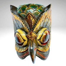 Balinese Owl Mask Carved Wood Bali Folk Art | Bird Wood Carving Wall Decor picture