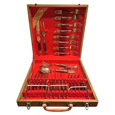 Vintage Tableware Thailand Siam Brass Flatware Set & Case 29 Piece Silverware  picture