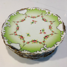 Set of 7 Antique Elbogen Carlsbad Austria Porcelain Plates Pink Rose Green Rim picture