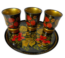 VINTAGE 4 Piece Russian Hand Painted Lacquered Wood Cup & PlasticTray picture