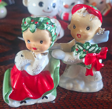 Lefton 1555 Vintage Hand Painted Ceramic Christmas Boy Girl Salt Pepper Japan picture