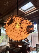 NEW 11”-12” Pufferfish Lamp w/yellow LED Tiki bar Smokin Tikis Oceanic picture