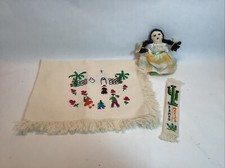 Vintage Mexican Folk Art Hand Embroidered Cloth & Book Mark  Cloth Doll picture