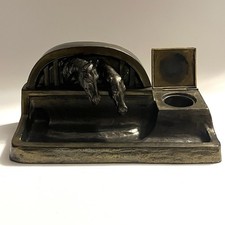 Antique J.B. Jenning Brothers 140 Two Horse Heads Brass Inkwell Holder No Insert picture