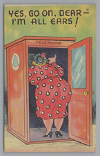 Postcard Humor Comic Novelty Phone Booth Fat Lady All Ears 1946  I746 picture
