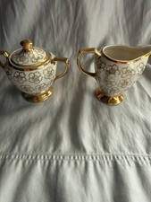 Vintage Kingwood China Sugar Bowl With Creamer White With Gold Floral Pattern picture