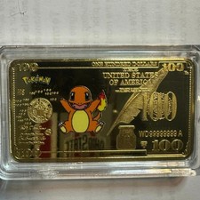 Pokemon Charmander Gold Tone 100 Dollar Bill Collectible Bar With Case picture