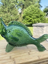 Mid-Century Italian Art Glass Style Green Fish Sculpture - Open Mouth 12.5
