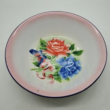 Vintage Enamelware 12” Bowl Pink With Red Rose, Blue Flower & Butterfly READ picture