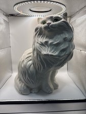 Vintage 1980 MCM Persian Large White Ceramic Cat  Green Eyes Sitting Statue 14” picture