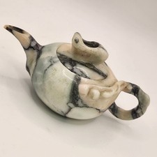 Vintage Chinese Carved Soapstone Miniature Teapot Green Marbled Stone 5.5