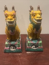 PAIR OF YELLOW AND GREEN GLAZED FU DOGS ( LIONS ) picture
