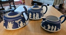 One (1) Antique 3-Piece WEDGWOOD England Jasperware Tea Set, Cobalt Blue / White picture