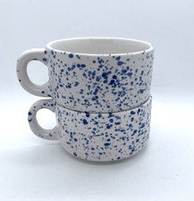 Vintage HF Houston Foods Stackable Blue Specked Soup Mugs Set Of 2 White/Blue picture