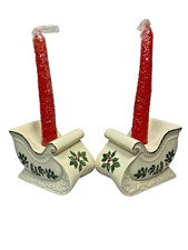 VTG Formalities Baum Bros Christmas Holly Sleigh Candle Holder Set 2 Gold Ivory picture
