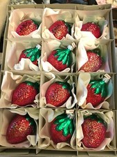 VINTAGE-NEW  Box of 12 Juicy Red Strawberry Glass Christmas Ornaments Poland picture