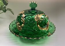 Antique 1897 EAPG Croesus Riverside Glass Emerald Green Gold Covered Butter Dish picture