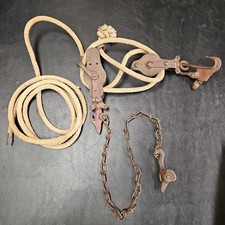 Vintage Block And Tackle Double Pulley Hoist Rope Hooks Chain Grab picture