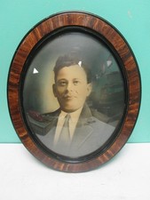 Antique Oval Convex Bubble Glass Portrait Picture Frame Tiger Wood Man in Suite picture