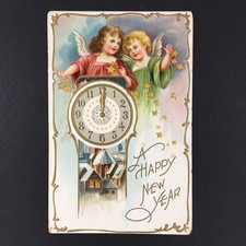 Tuck's Happy New Year Antique Postcard Posted 1910 Embossed Angels Clock picture