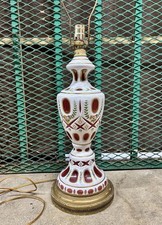 Vtg Bohemian Art Glass Table Lamp, White Cut To Cranberry, Hand Painted picture