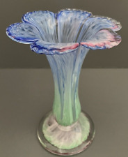 Art Glass Floral Petal Edge Vase Blue Green Pink Swirl Pattern Footed Base VTG picture