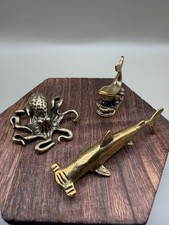 Vintage Solid Brass Ocean Animal Figurines Lot Octopus Hammerhead Shark Whale picture