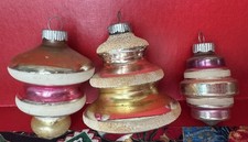 Shiny Brite Tornado Lantern Mica Snow Glass Christmas Ornaments Lot 3 Vintage picture