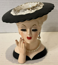 Vintage 1958 Napco C3343A Lady Head Vase Black Dress Repaired Damage picture