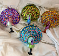Vintage Handblown Glass Ornaments Peacock Matching Set 4 picture