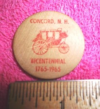 Vintage Concord, NH Bicentennial 1765-1965 One Wooden Nickel - Red Ink Token picture