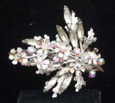 White Floral Aurora Borealis Rhinestone Leaf Brooch Pin Jewelry Vintage picture