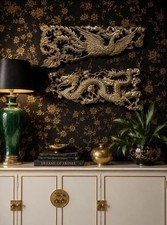 Vintage Dragon & Phoenix Wall Plaques Gold Tone Molded Resin Asian Decor 18