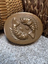 Vtg Antique Copper Jelly/pudding Mold Tin Lined Oval Twin Fish Motif Pisces picture