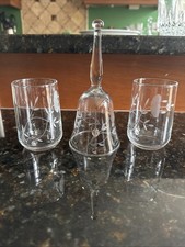 Vintage Etched Flower Bell With 2 Small Glasses Liquor Brandy Whiskey picture