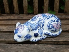 Vintage Large Ceramic Sleeping Cat Ornament Blue & White Floral Japanese Style picture