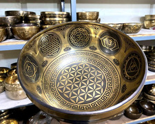9 Inches Geometric Flower Of Life Carving - Sound Healing Singing Bowl - Therapy picture