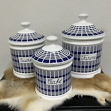 Williams-Sonoma Blue & White Kitchen Canisters with Lids Coffee, Sugar & Flour picture