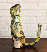 Handmade Paper Mache Cat Sculpture Collage Decoupage Folk Art Cat Lover Gift 12” picture