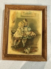 Sweet Vintage 1970’s Framed Art Tile Featuring Two Girls And A Kitty Cat picture
