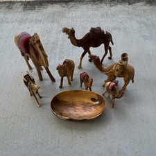 Vintage hand-carved olive wood camels Collection - with wooden bowl Good Cond. picture
