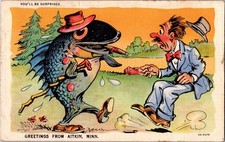 Postcard Fish Smoking Cigar, Greetings from Aitkin, Minnesota MN c1935 picture