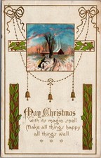 Vtg 1910 Cleveland OH Christmas Postcard Embossed Snowy Church Bells Holly picture
